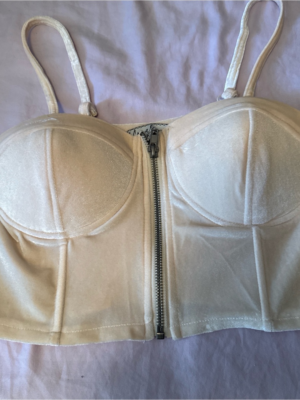 Crave Fame Cream Zip-Front Bustier Bra